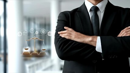 Professional lawyer in dark business suit with arms crossed. Abstract digital legal system concept with justice scales and law icons in court setting.