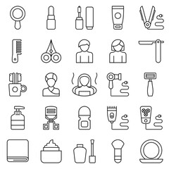 Beauty icon collection isolated on white. Containing mirror, razor, towl, hot bath. Outline icon style