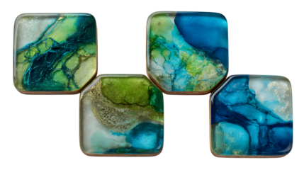A set of four polished resin coasters, each featuring a unique abstract design in vibrant blues and greens, resembling miniature works of art for the table, isolated on a Transparent Background