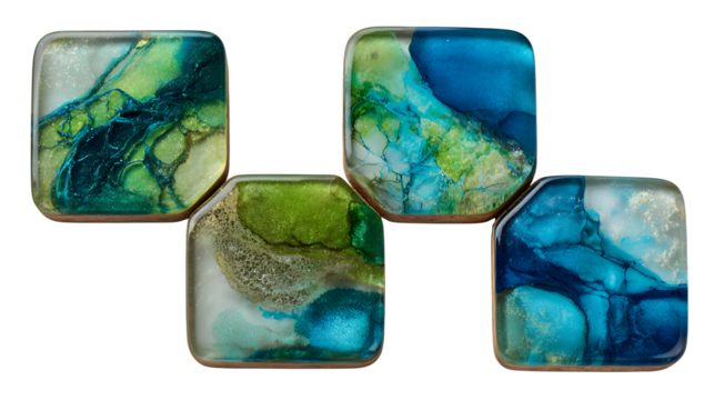 A set of four polished resin coasters, each featuring a unique abstract design in vibrant blues and greens, resembling miniature works of art for the table, isolated on a Transparent Background