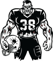 A monstrous zombie football player, wearing a jersey with the number 38, holding a cracked helmet.