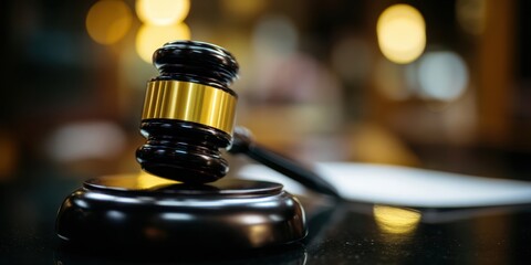 The Gavel Resting on a Wooden Block in a Courtroom Setting