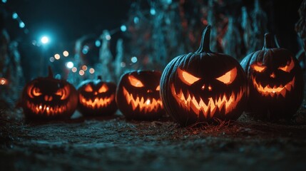 Glowing pumpkins on porch at night