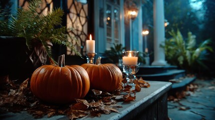 Glowing pumpkins on porch at night