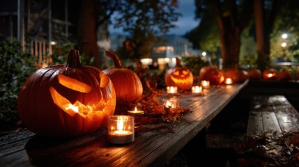 Glowing pumpkins on porch at night
