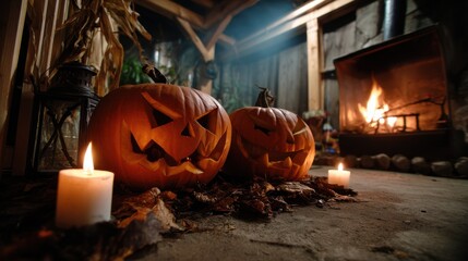 Glowing pumpkins on porch at night