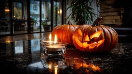 Glowing pumpkins on porch at night