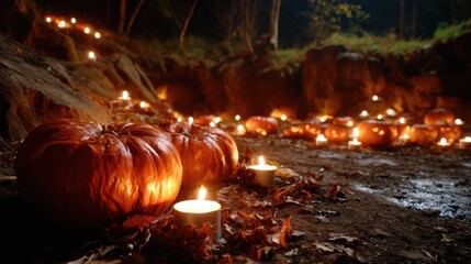Glowing pumpkins on porch at night