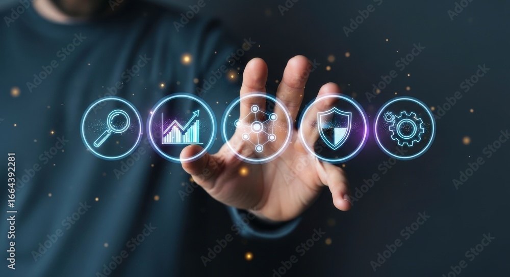 Poster a hand reaching towards glowing icons representing data analysis and security on a dark background