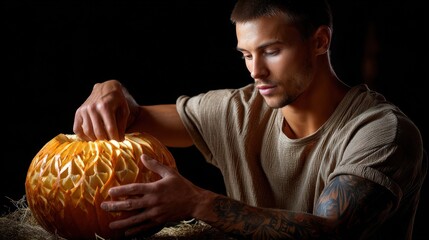 Artistic pumpkin carving close-up