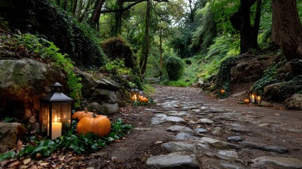 Candlelit pumpkin path for Halloween