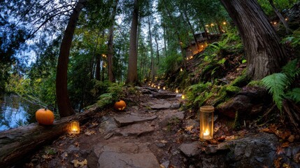 Candlelit pumpkin path for Halloween