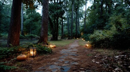 Candlelit pumpkin path for Halloween