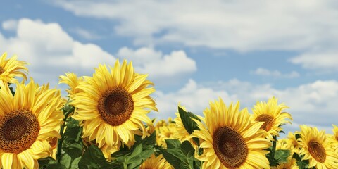 Obraz premium The Sunflowers Standing Tall in a Sunny Summer Field Under a Blue Cloudy Sky