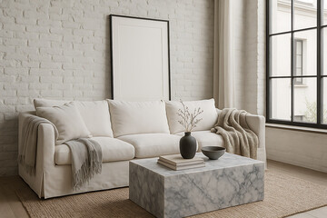 A bright living room with a classic white sofa against a brick wall, featuring a large blank vertical frame mockup for your art designs