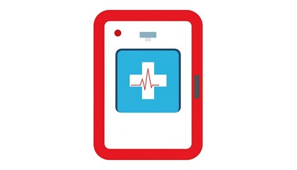 Obraz premium A flat design illustration of a medical device, with a red border and a light-blue square displaying a white plus sign and a heartbeat waveform.