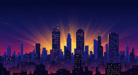 Fototapeta premium Vibrant cityscape at sunset with a futuristic glow