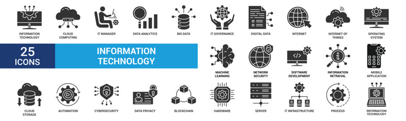 Information Technology icon set. Containing cloud computing, IT manager, big data, data analytics, internet, network security and more. Glyph vector icons collection.