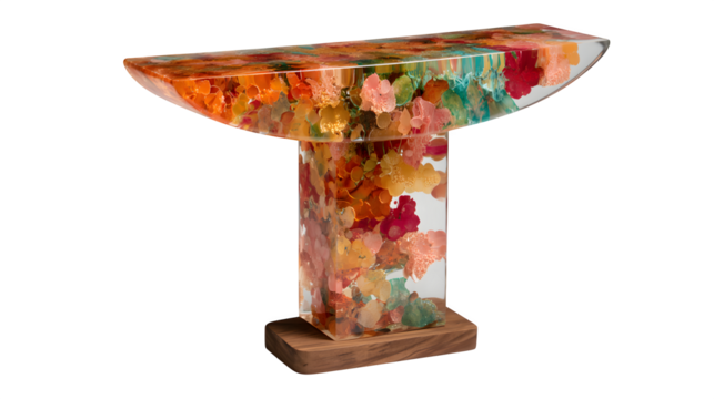 A small resin entryway table with a vibrant, abstract floral pattern embedded under a clear glossy top, adding a welcoming burst of color to a foyer, isolated on a Transparent Background