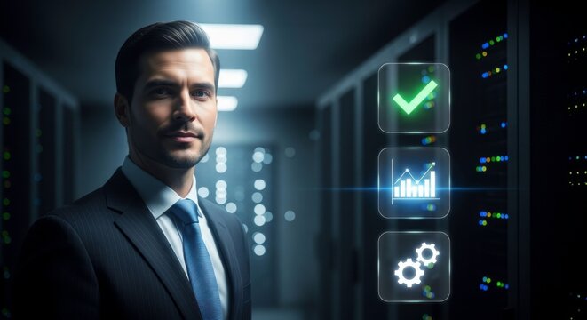 Man in suit standing in a server room with digital icons displayed on the right side of the image - Powered by Adobe