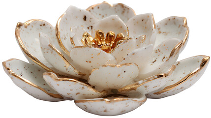 A small resin decorative dish shaped like a lotus flower, with individual petals in a pearlescent white and a central golden stigma,