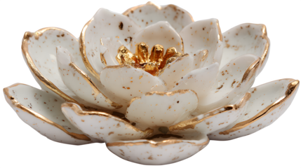 A small resin decorative dish shaped like a lotus flower, with individual petals in a pearlescent white and a central golden stigma,