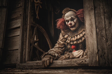 Scary evil clown standing in old damaged wood window with wall, Halloween mystery concept