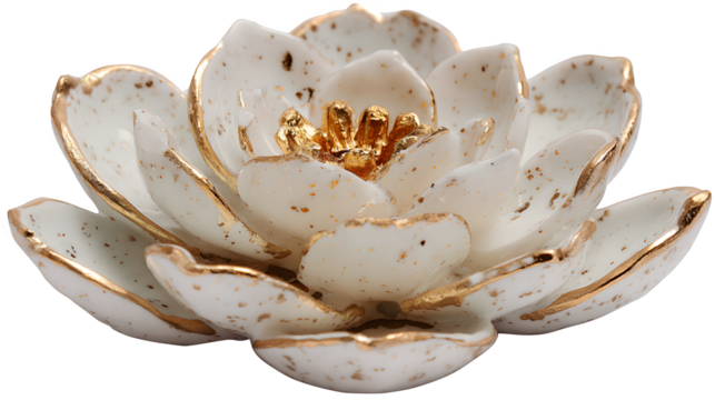 A small resin decorative dish shaped like a lotus flower, with individual petals in a pearlescent white and a central golden stigma,