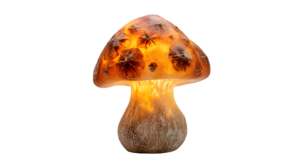 A small resin night light shaped like a glowing mushroom, with its cap made of real dried mushroom caps and a soft, warm luminescence, creating a whimsical forest ambiance,