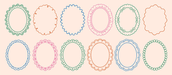 Vintage oval lace frames, frill, scallop, wavy set. Whimsical wedding or valentine decor borders. Hand drawn victorian vector decorative elements