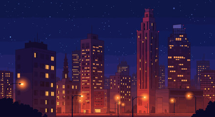 Obraz premium Night Cityscape Pixel Art Illustration