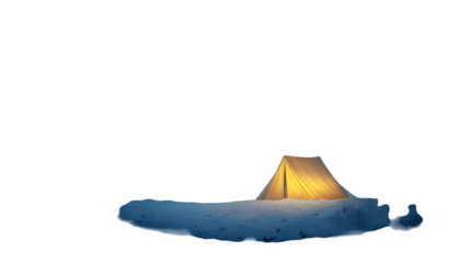 Illuminated tent in snowy landscape, isolated on transparent background