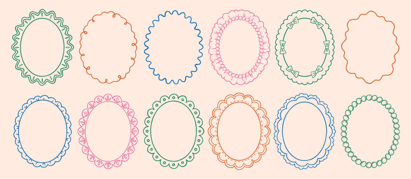 Vintage oval lace frames, frill, scallop, wavy set. Whimsical wedding or valentine decor borders. Hand drawn victorian vector decorative elements