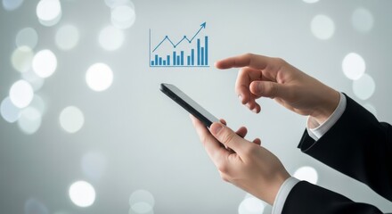 Person using smartphone with a rising graph overlay and bokeh lights in the background scene view