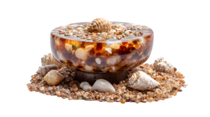 A small resin plant stand with a top featuring embedded polished pebbles and tiny shells, perfect for showcasing a potted plant while adding natural charm, isolated on a Transparent Background