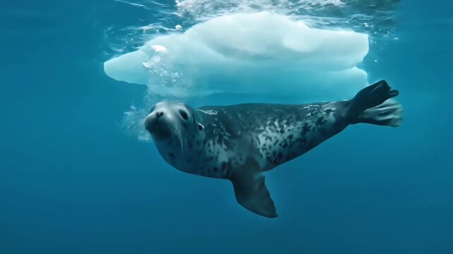 A majestic spotted seal gracefully swims in the deep blue polar ocean, gliding just beneath a piece of floating sea ice in the cold Antarctic