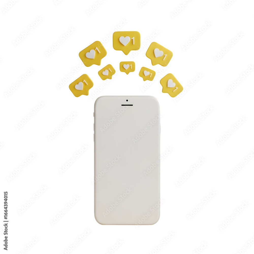 Poster 3d illustration of a smartphone with like icons emanating from it, isolated on transparent backgroun