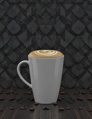 Luxury espresso cup with smooth golden crema resting on a red wooden surface, surrounded by roasted coffee beans, minimal composition, warm light, premium coffee concept.