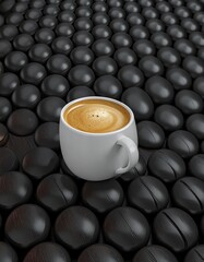 Luxury espresso cup with smooth golden crema resting on a red wooden surface, surrounded by roasted coffee beans, minimal composition, warm light, premium coffee concept.