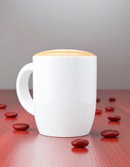 Luxury espresso cup with smooth golden crema resting on a red wooden surface, surrounded by roasted coffee beans, minimal composition, warm light, premium coffee concept.