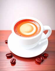 Luxury espresso cup with smooth golden crema resting on a red wooden surface, surrounded by roasted coffee beans, minimal composition, warm light, premium coffee concept.