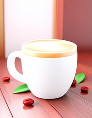 Luxury espresso cup with smooth golden crema resting on a red wooden surface, surrounded by roasted coffee beans, minimal composition, warm light, premium coffee concept.