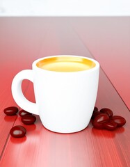 Luxury espresso cup with smooth golden crema resting on a red wooden surface, surrounded by roasted coffee beans, minimal composition, warm light, premium coffee concept.