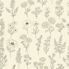 Seamless Pattern, Botanical pattern with delicate wildflowers and plants line art on beige backdrop Stock royalty free image.