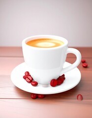 A minimalist studio setup features a white espresso cup filled with fresh coffee on a wooden surface, surrounded by roasted coffee beans, emphasizing purity, balance and product focus.
