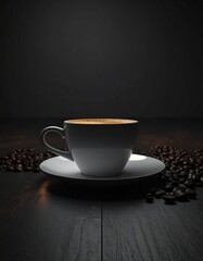 A minimalist studio setup features a white espresso cup filled with fresh coffee on a wooden surface, surrounded by roasted coffee beans, emphasizing purity, balance and product focus.