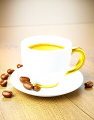 A minimalist studio setup features a white espresso cup filled with fresh coffee on a wooden surface, surrounded by roasted coffee beans, emphasizing purity, balance and product focus.