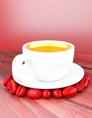 A minimalist studio setup features a white espresso cup filled with fresh coffee on a wooden surface, surrounded by roasted coffee beans, emphasizing purity, balance and product focus.