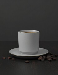 A minimalist studio setup features a white espresso cup filled with fresh coffee on a wooden surface, surrounded by roasted coffee beans, emphasizing purity, balance and product focus.