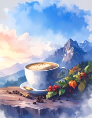 A minimalist studio setup features a white espresso cup filled with fresh coffee on a wooden surface, surrounded by roasted coffee beans, emphasizing purity, balance and product focus.